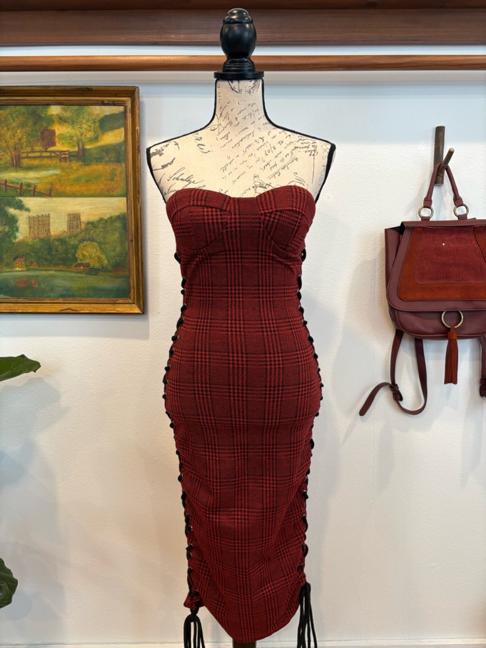 Red Plaid Corset Dress Lace Up Side Bodycon Strapless Punk Grunge Small